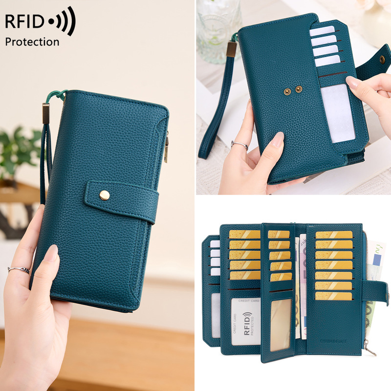 Cross-Border New Rfid Women's Wallet, Lychee Pattern Pu Soft Leather Clutch Bag, European and American Fashion Multi-Card Slot Long Wallet Cross-Border New Rfid Women's Wallet, Lychee Pattern Pu Soft Leather Clutch Bag, European and American Fashion Multi-Card Slot Long Wallet