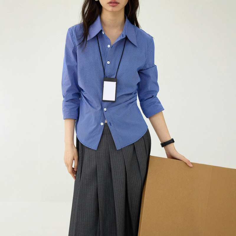 Fashionable Preppy Retro Pleated Elegant Long-sleeved Shirt Women's Autumn Slim-fit Top