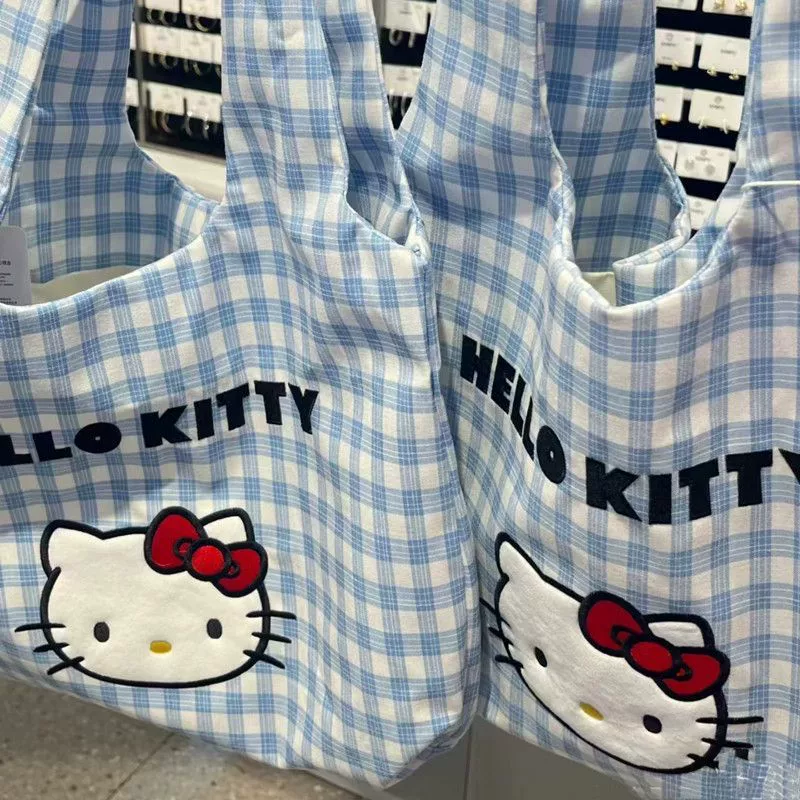 Одноплечевая сумка Hello Kitty, синяя‑белая клетка, лёгкая повседневная