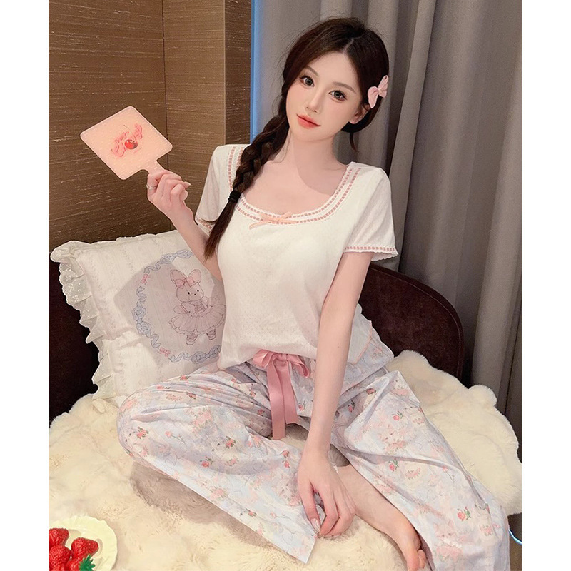 Summer Imitation Cotton Short-Sleeved Trousers Two-Piece Pajamas for Women Printed Round Neck Pullover Home Clothes with Chest Pads That Can Be Worn Outside Summer Imitation Cotton Short-Sleeved Trousers Two-Piece Pajamas for Women Printed Round Neck Pullover Home Clothes with Chest Pads That Can Be Worn Outside