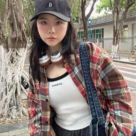 美拉德复古格子撞色长袖衬衫女春秋季宽松外穿设计感小众潮牌外套