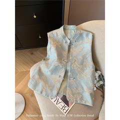 2025春秋モデル国風馬甲新中国式青い蝶刺繍女装高級気質新袖なしベスト
