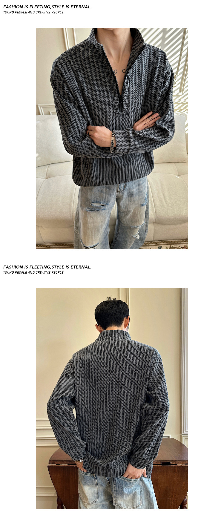 Sweatshirt With Half-zip Stand-up Collar And Herringbone Pattern_voghion.com