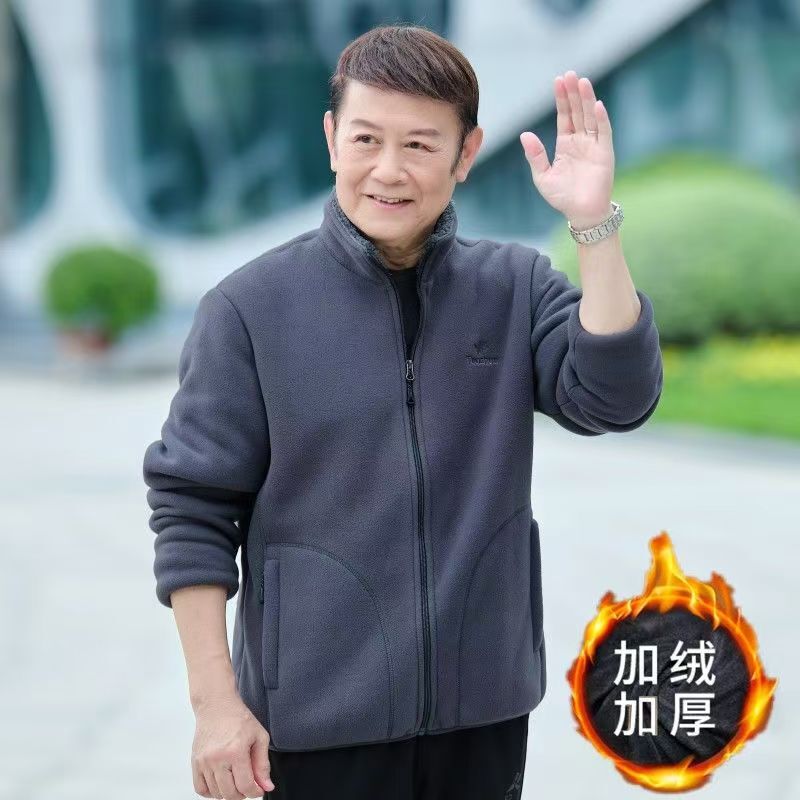 Autumn and winter middle-aged men's fleece leisure fleece sweater loose plus size coat fleece-lined cardigan wholesale