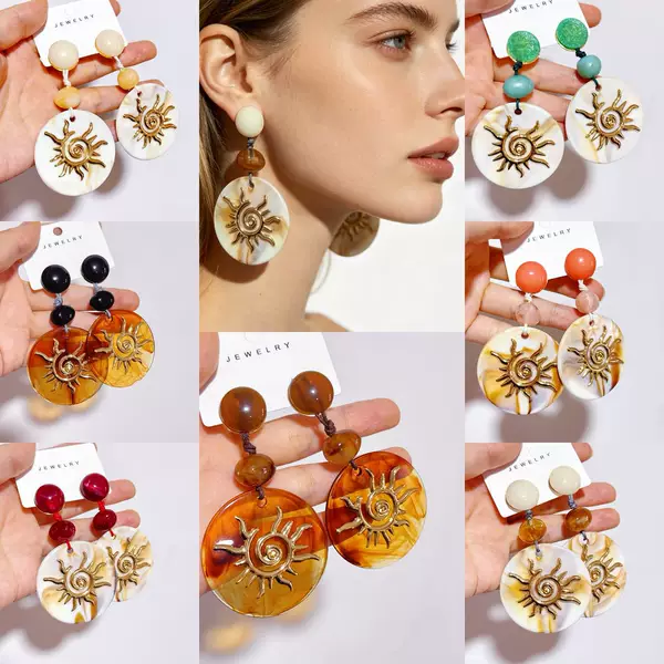New Vintage Resin Geometric Sun Earrings, Crushed Stone Acrylic Large Hoop Earrings, Holiday Party Ear Accessories, France