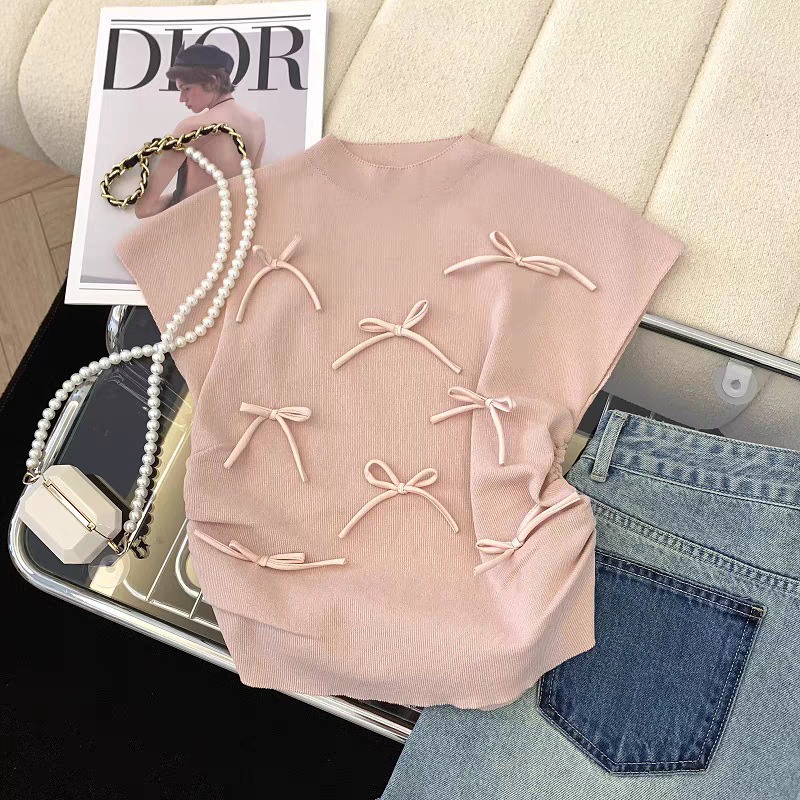Gentle Style Pink Bow Short-sleeved Sweater Women's Summer Design Pleated Slim-fit Small Flying-sleeved Chic Top