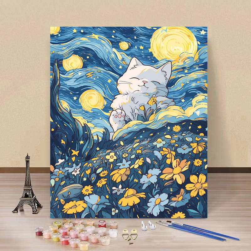 Pintura por números “Gato Estrellado” — arte DIY de fábrica al por mayor, estilo Van Gogh, flores y paisajes hechos a mano
