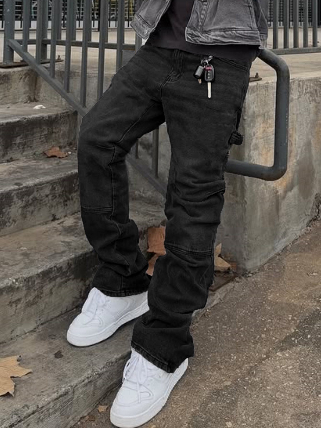 Men's Loose Fit Wide Leg Jeans Casual Ripped Hip Hop Style Stretch Flare Long Pants mid Waist Blue_mkmklike.com