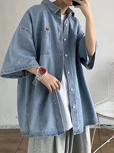 Spring and Autumn Korean Version Trendy Denim Shirt for Men Short Sleeve Loose Hong Kong Style Retro Versatile Casual Collarless Top