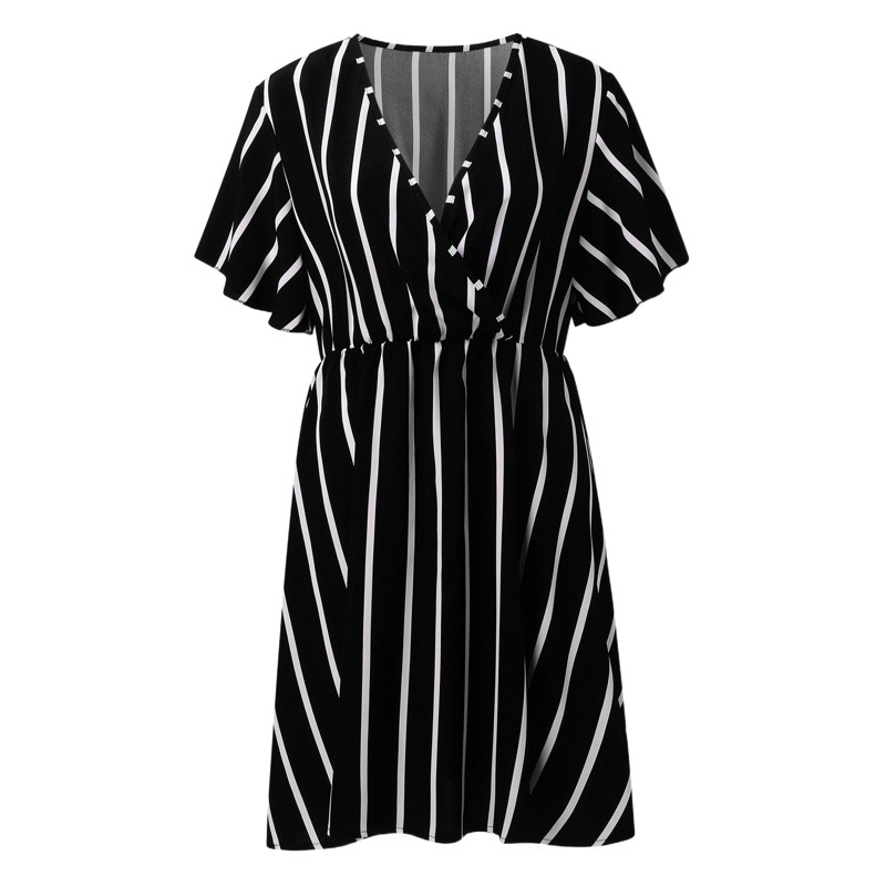 European and American Women's plus size Striped V-Neck Short-Sleeved dress Amazon Waist Loose Casual Bohemian Skirt