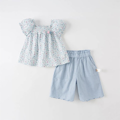 2025 子供スーツ西洋スタイルの新しい夏服女の子ランタンスリーブトップワイドレッグクロップドパンツ 2 点セット