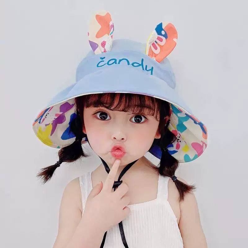 可爱夏季女童遮阳帽可爱兔耳朵宝宝遮阳遮脸空顶儿童防晒帽子超萌