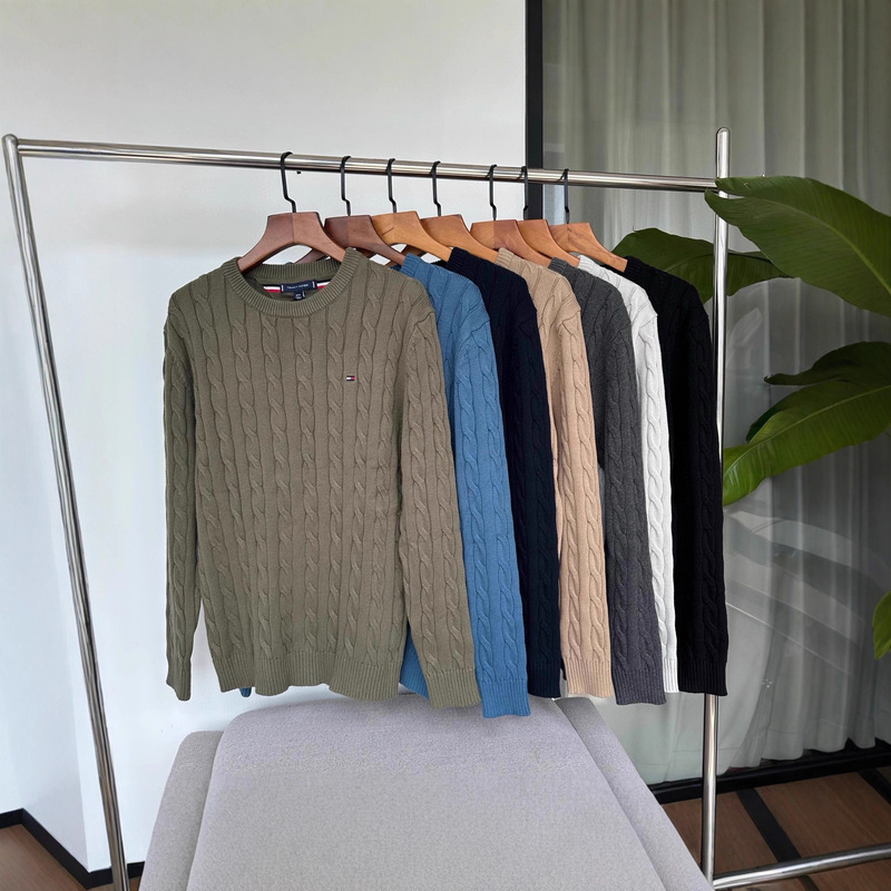 Cross-Border Supply Tommy Tommy Embroidered Round Neck Knitwear Men's Autumn and Winter Warm Twist Couple Pullover Knitwear