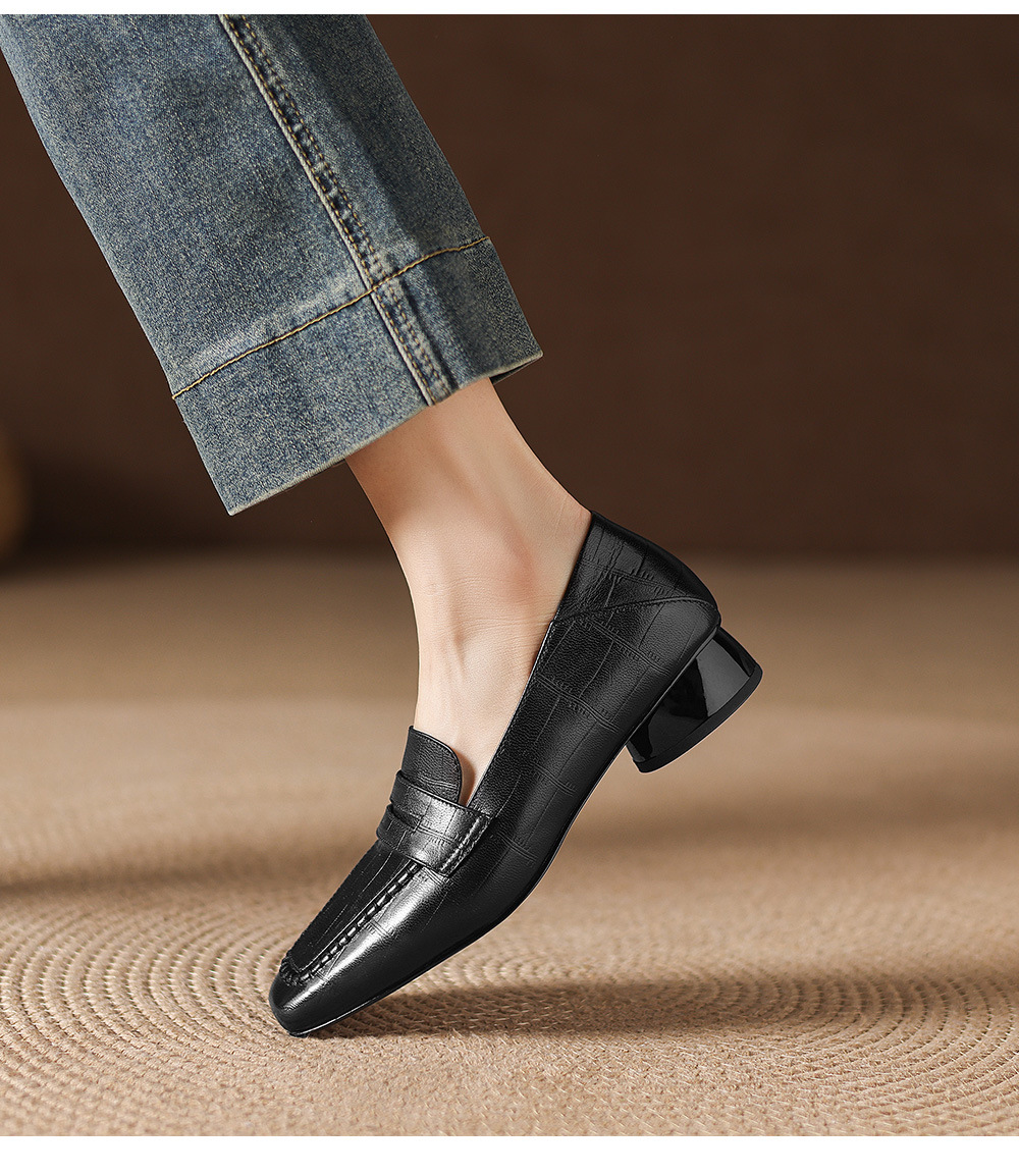 Giày loafer nữ da dê mũi vuông gót thấp cổ điển — đen chi tiết 16