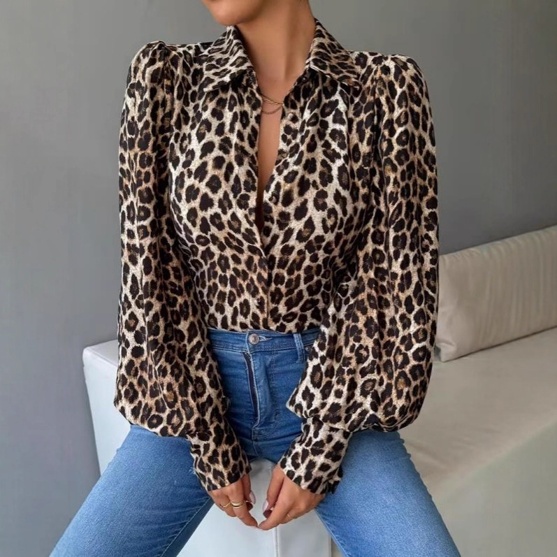 Amazon 2025 Spring and Autumn Leopard Print Long Sleeve Shirt for Women, Puff Sleeve Mid-Length Cardigan Shirt, Vintage Artistic Retro