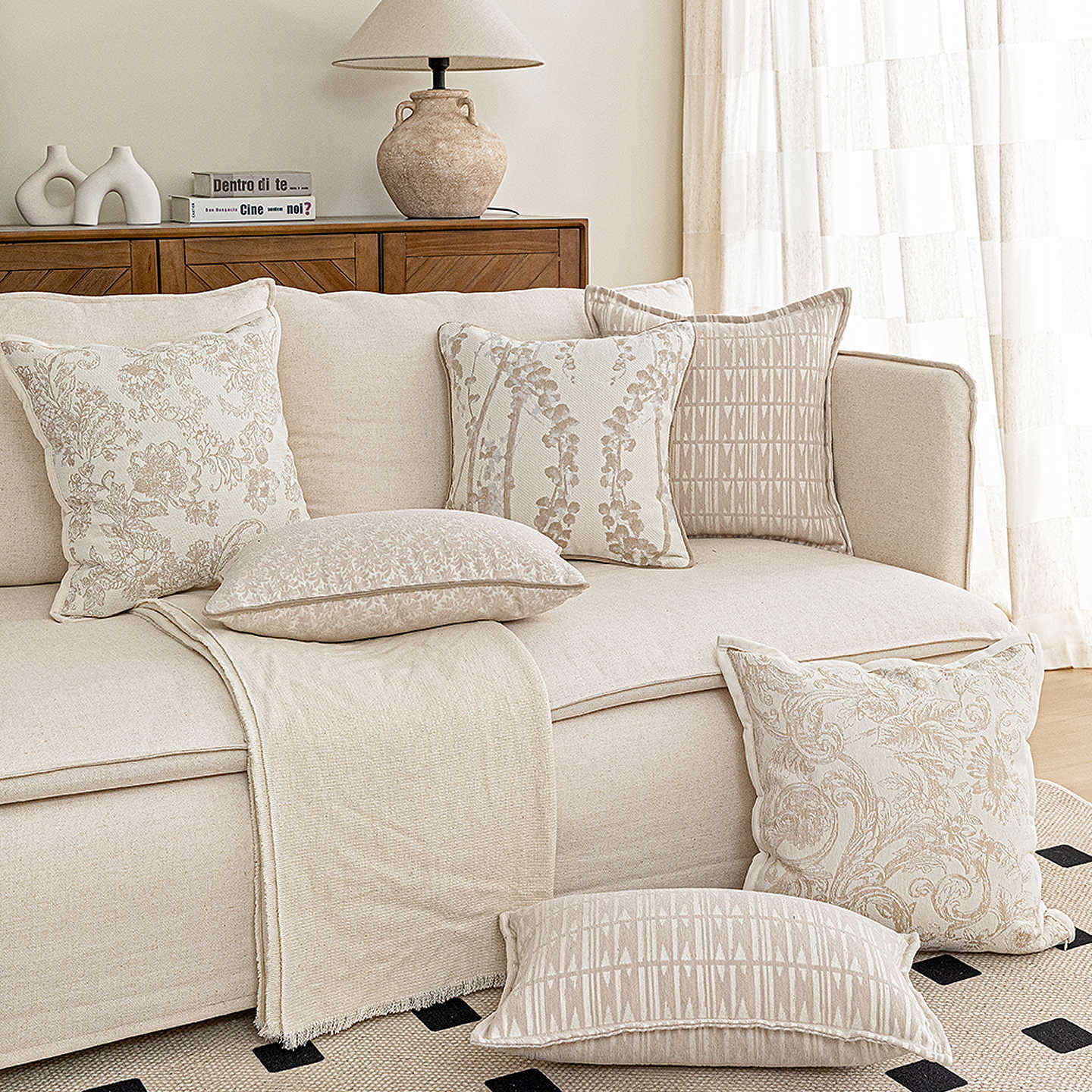 Chenille Jacquard Sofa Pillow, Off-White Lazy Cushion, French Mid-Century Style Bed Pillow, Removable and Washable