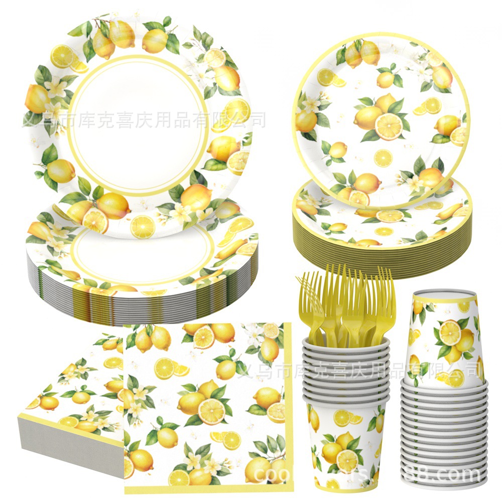 Cross-border amarillo tema de limón decoración de fiesta verano limón cumpleaños bandeja de papel desechable taza de papel toalla de papel mantel