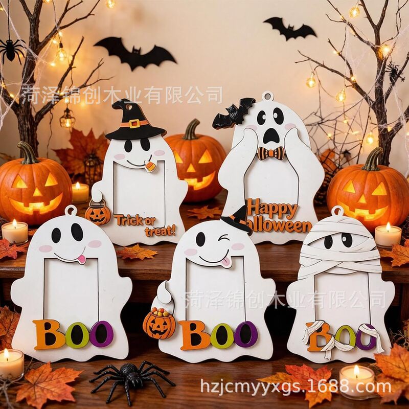 2026 Wooden Halloween Decorative Photo Frame Ghost Photo Frame Hangable Photo Frame Decoration Ghost-Shaped Desktop Ornament