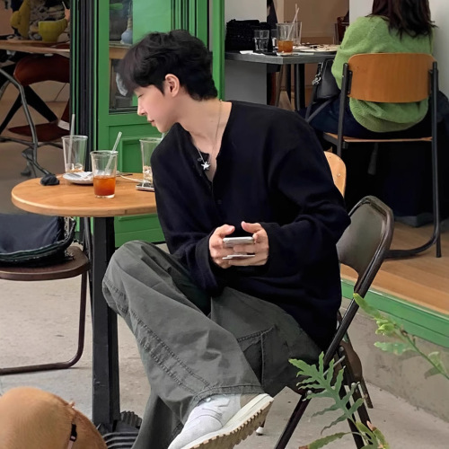 Men's High-End Honeycomb Henley Collared Striped Long-Sleeve T-Shirt Spring and Autumn Season Korean Style Casual Loose Solid Color T-Shirt