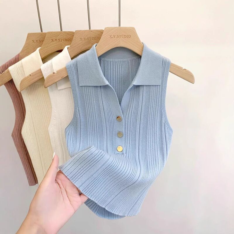 Foreign Trade Cross-Border 2025 Summer Small Fragrance Style Gold Button Polo Collar Knitted Vest Women's French Sleeveless Slim Fit Yibian