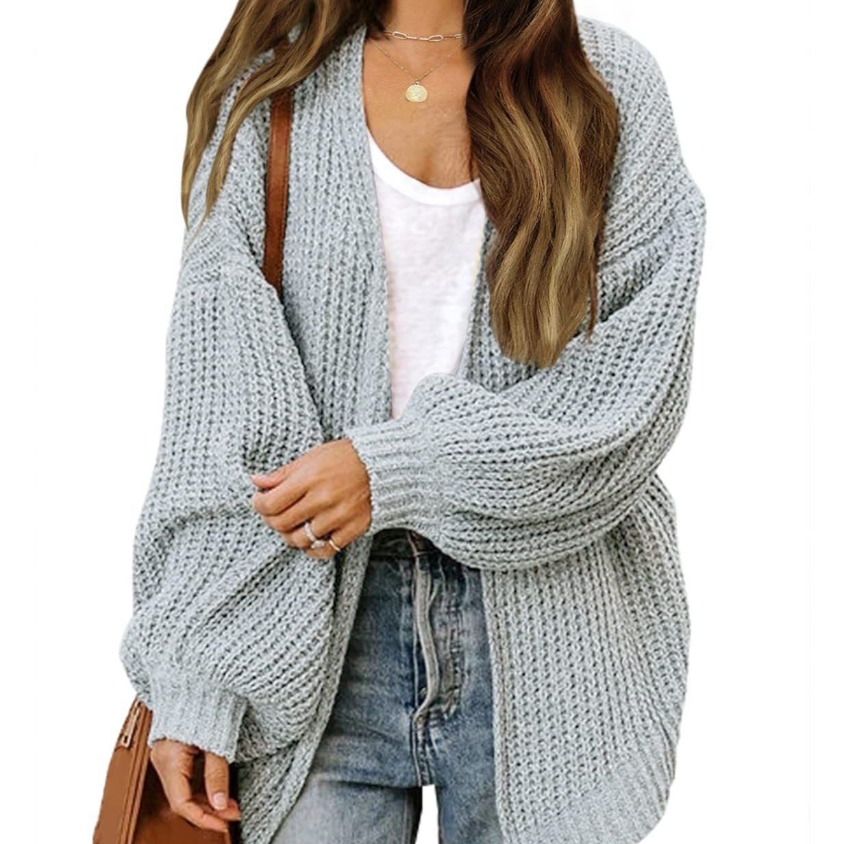 2023 Otoño e Invierno Amazon comercio exterior de las mujeres manga larga linterna manga color sólido flojo punto cardigan grueso aguja suéter para las mujeres