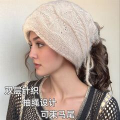 冬季毛线帽抽绳堆堆帽子围脖两用时尚百搭加厚保暖显脸小针织帽女