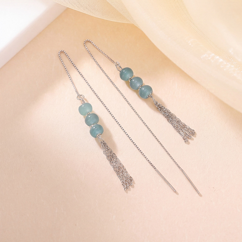 Khuyên tai dây bạc S925 đính ngọc bích tự nhiên phong cách tân cổ điển — Một đôi khuyên tai dạng dây