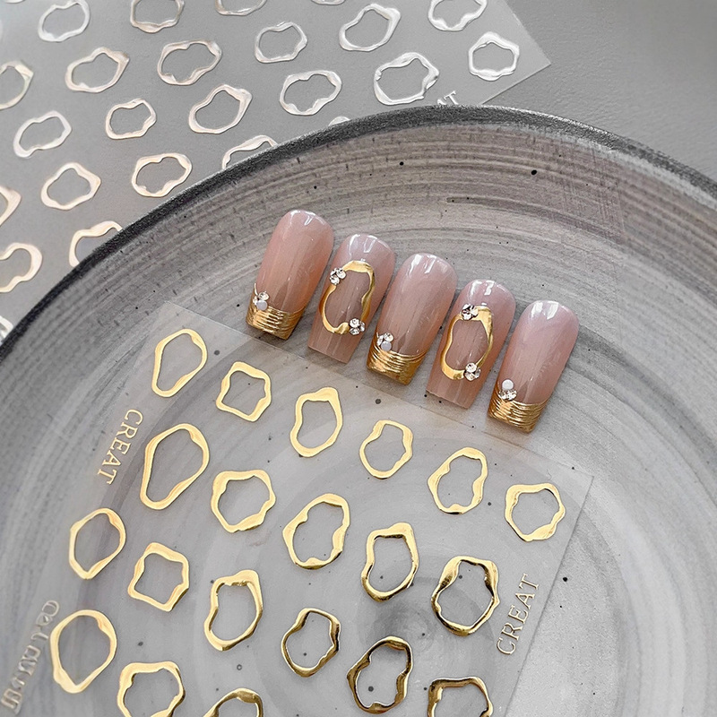 Golden Shape Asymmetrical Border Nail Art Stickers Retro Hot Stamping Silver Simple Geometric Circle Decorative Nail Stickers