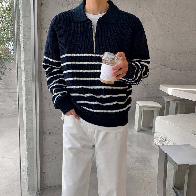 Lapel long sleeve sweater men's autumn Korean style loose American retro casual half zipper striped sweater top fashion