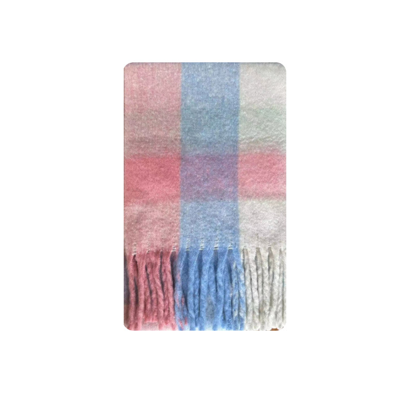Classic cotton candy rainbow check cashmere scarf Women's Winter soft extended patchwork check bib shawl_voghion.com