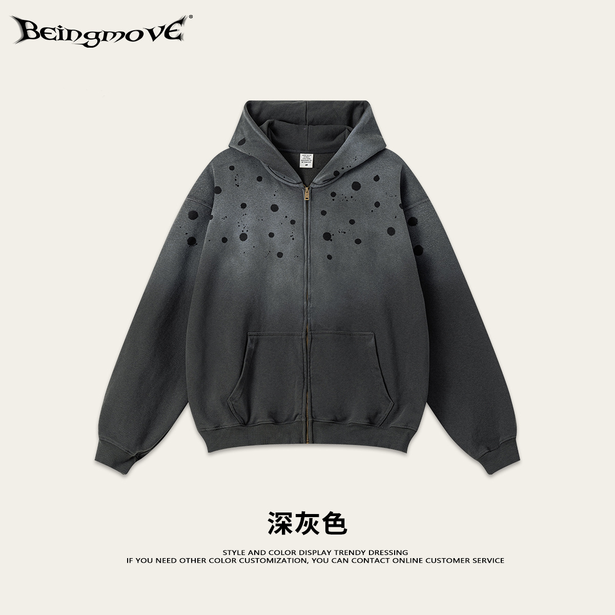 Impresora de marcas| 2025 otoño y invierno retro pintado con cremallera camiseta con capuz cardigan pesado camiseta de anillo para hombre