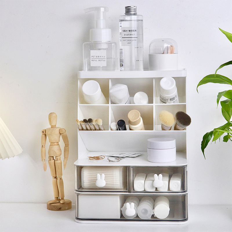 Conejo de escritorio de doble capa estante de almacenamiento transparente tipo cajón apertura esencial dormitorio de estudiantes almacenamiento cosmético