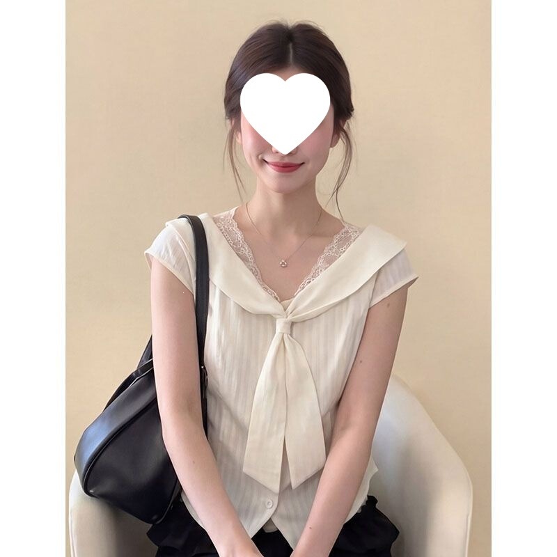 French-Style White Lace-Trimmed Shirt for Women, New Summer Style, Super Pretty and Stunning, Waist-Cinching Slimming Top