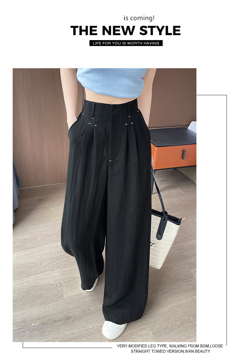 Quần ống rộng vải lụa băng đa năng nữ, phong cách sang trọng mỏng nhẹ mùa hè, quần ống đứng vải lanh Tencel — Màu xanh hải quân (kiểu thông thường) chi tiết 41