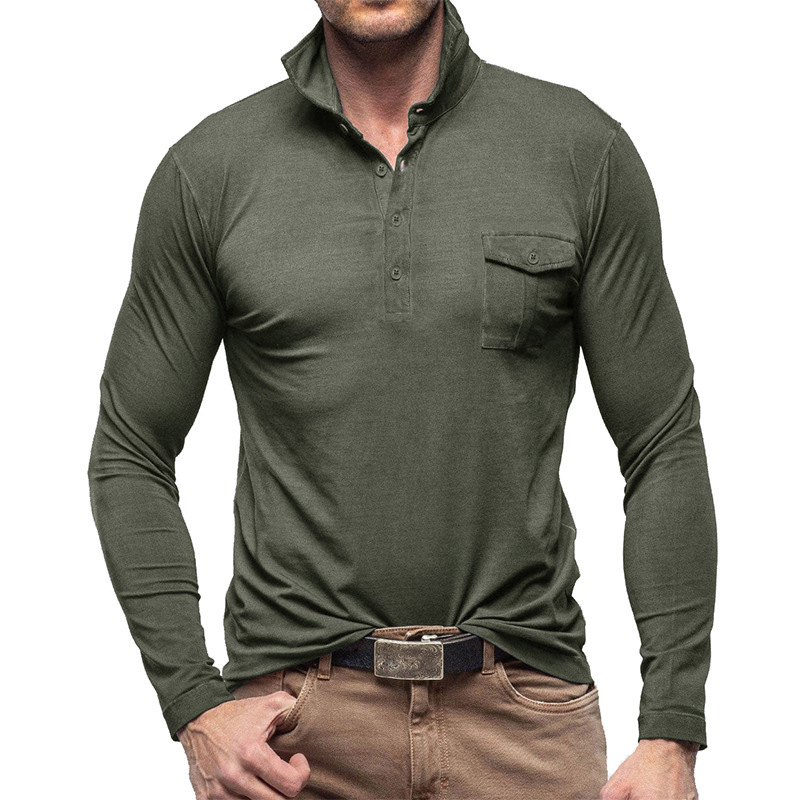 Autumn and Winter New Shirt with Polo Collar Men's Solid Long Sleeve T-shirt_voghion.com