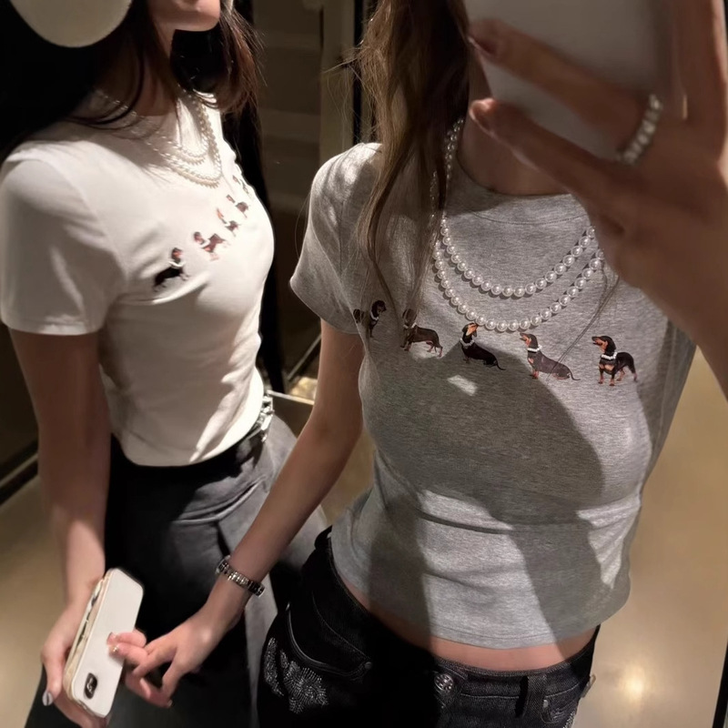 26 Spring/Summer - Jennie's Same Style Dachshund Print Korean Version Slim Fit Versatile Short-Sleeve T-Shirt Women's Fashion Export