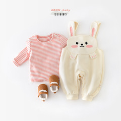 Baby unisex carrier pants with split design, cute little rabbit onesie with tummy protection, suitable for spring and autumn, wearable as outer pants