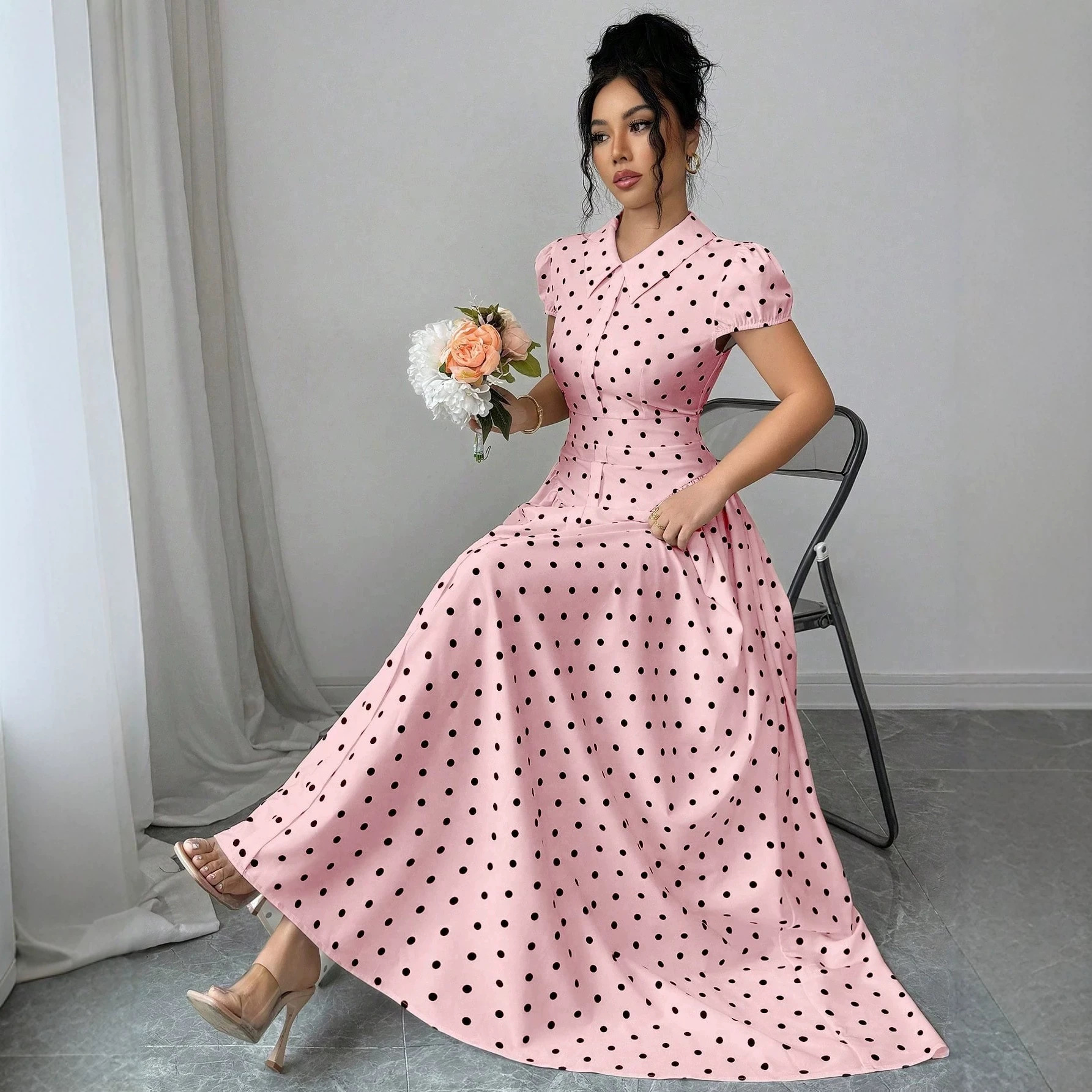 New Women's Polka Dot Dress Short Sleeve Summer Style French Retro Slimming Elegant Long Dress For Youthful Fashion_ecoleips.com