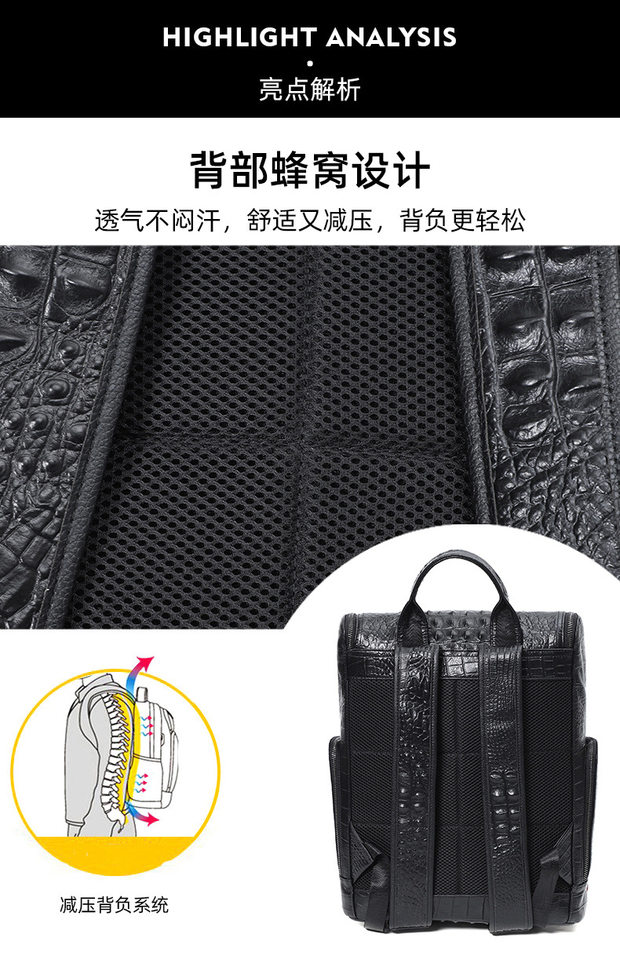 Ba lô da bò thật họa tiết vân cá sấu, ngăn laptop 15.6 inch, 30x11x40 cm — Biển kéo kim loại vân cá sấu, Vân cá sấu màu đen chi tiết 4