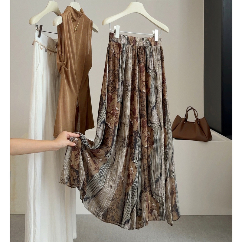 Retro Tie-Dye Printed Skirt for Women, New Summer Style, Thin Chiffon High-Waisted A-Line Gauze Skirt, Slimming Long Skirt