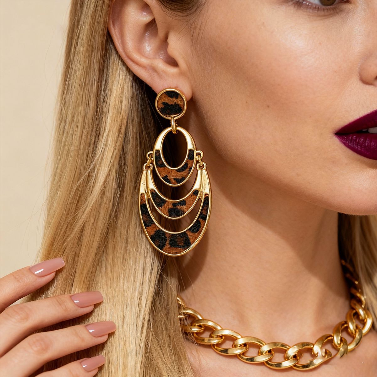 European and American Autumn and Winter Faux Horsehair Leopard Print Multi-Layer Hollow Round Earrings, Vintage Cross-Border Niche High-End Earrings