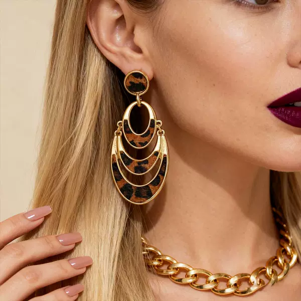 European and American Autumn and Winter Faux Horsehair Leopard Print Multi-Layer Hollow Round Earrings, Vintage Cross-Border Niche High-End Earrings