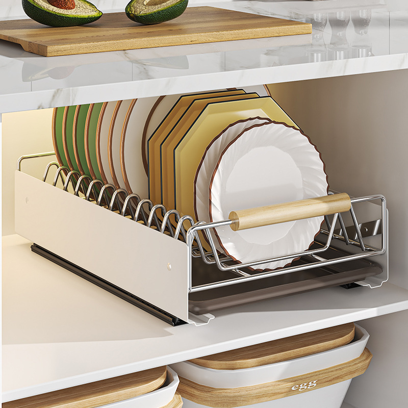 Estante de platos de extracción de cocina para gabinete tipo cajón estante de almacenamiento de platos de separación de platos de cesta de extracción estante de almacenamiento de platos