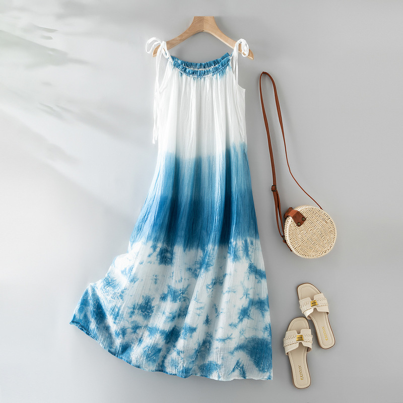 Vintage Tie-Dye French Sweet Round Neck Ruched Strap Slip Dress for Women Summer Ruffled Vacation Style Dress Vintage Tie-Dye French Sweet Round Neck Ruched Strap Slip Dress for Women Summer Ruffled Vacation Style Dress