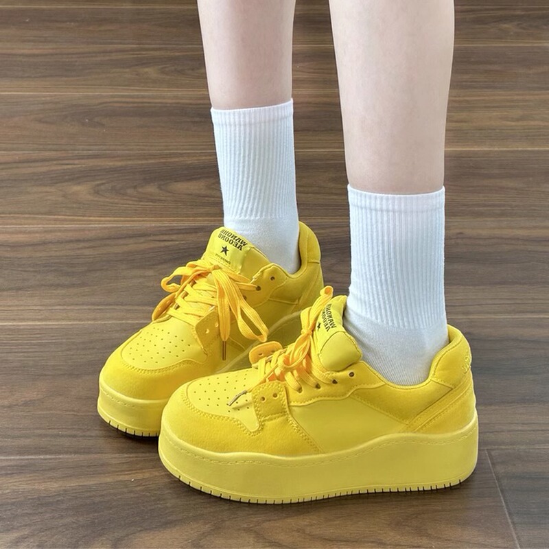 Trendy Yellow Sneakers for Women, 2026 New Autumn Dopamine Thick-Soled Height-Increasing Casual Shoes, Ins-Style Fashion