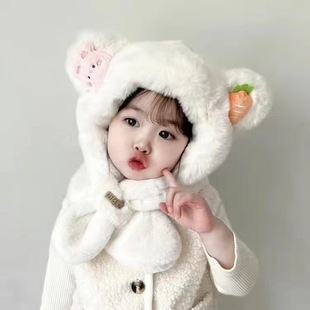 Cute Winter Baby Hat and Scarf All-in-One fleece-lined Warm Children's Windproof Ear Protection Hat Plush Thickened for Boys and Girls