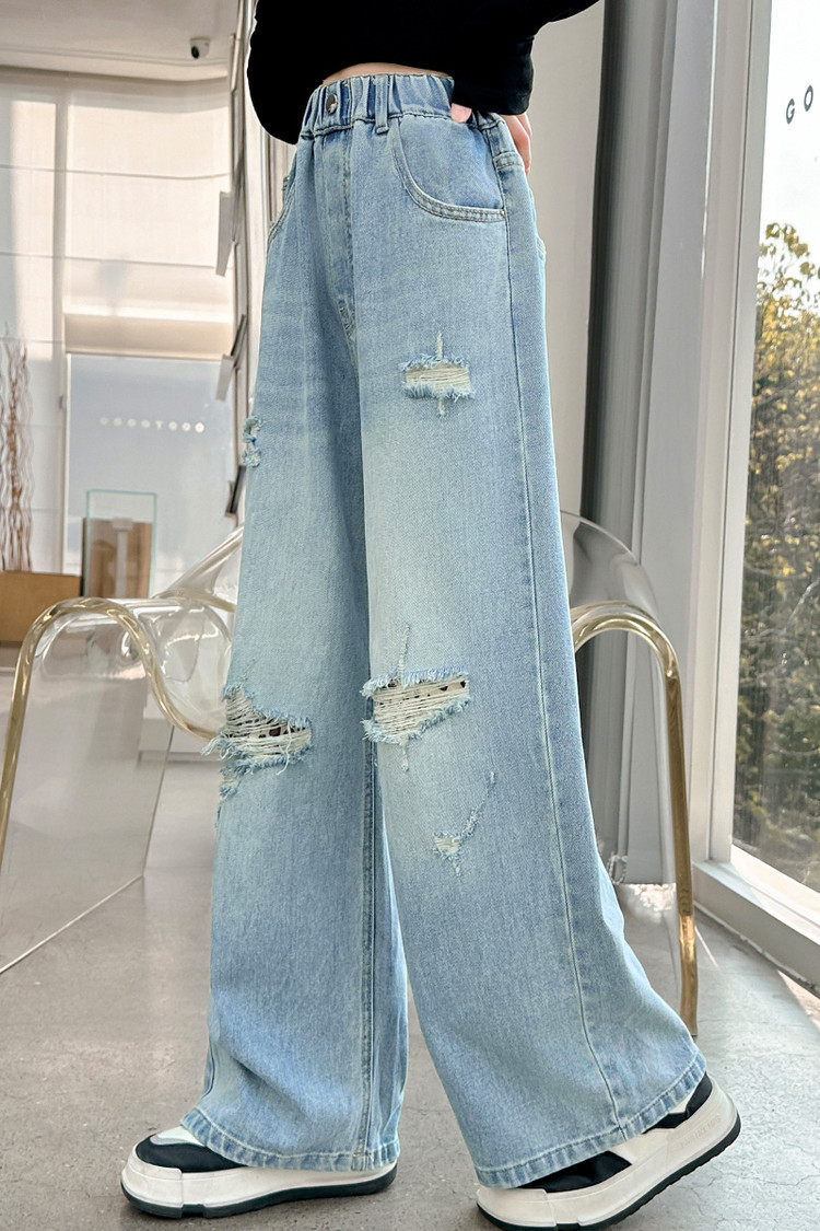 Girls 25 Spring Ripped Label Denim Wide Leg Pants 2515 New Children's Miscellaneous European And American Jeans_voghion.com