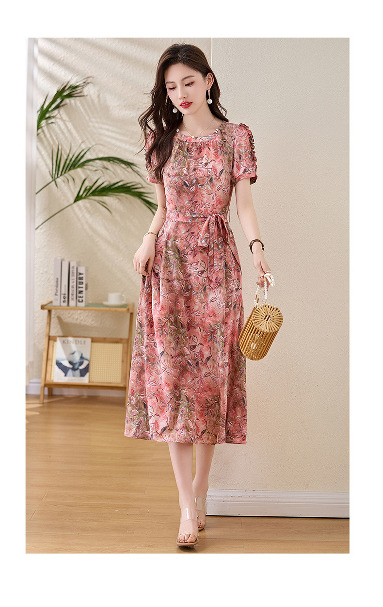 Váy liền hoa maxi nữ thắt eo thanh lịch mùa hè 2025 tay ngắn ôm eo — hoa đỏ, hoa hồng chi tiết 18