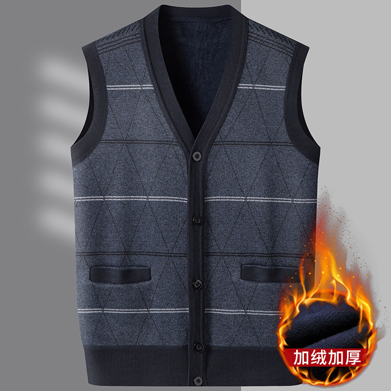 Cross-Border Autumn and Winter Pullover Sweater Vest for Men, Rhombus Fashion Inner Layer, Velvet Thickened Warm Knitted Vest for Men