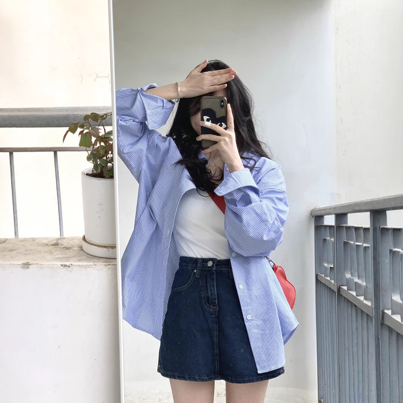 Boyfriend Style Long-sleeved Shirt Women's Autumn New Lazy Loose BF Style Loose Mid-length Striped All-match Coat Women